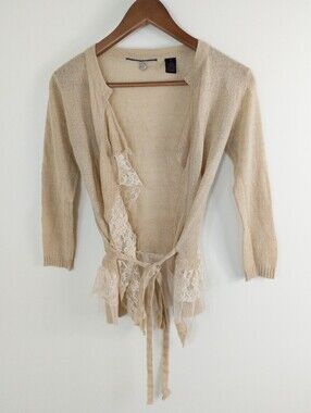 BKE Boutique Tan Knit Lace Tie Front Ruffle Cardigan Sweater Boho Coquette Small